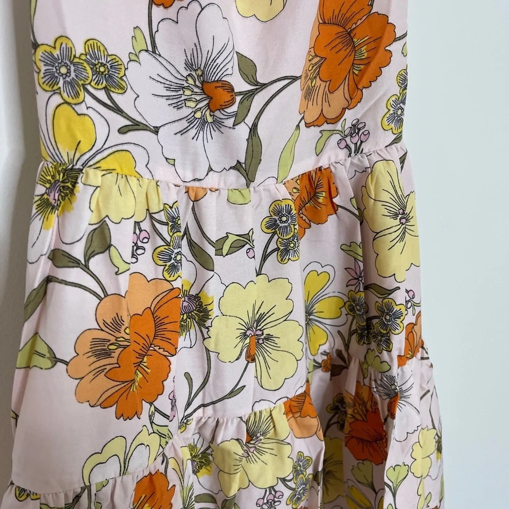 Pink and Orange Ruffled A-line Sundress with Puff Cap Sleeves - Picture 4 of 5